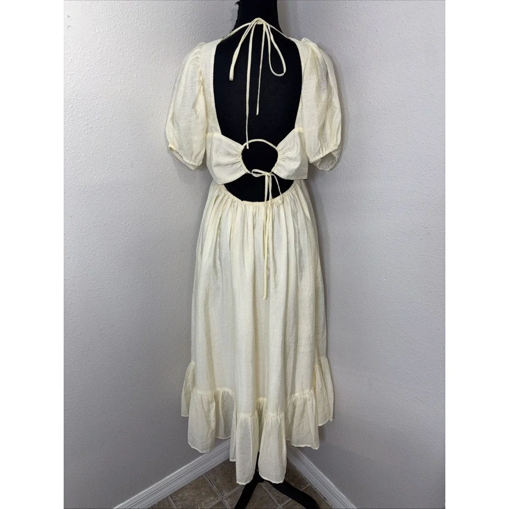 WAYF Midi Dress Women's Small Pale Yellow Stripped Open Back Puff Sleeve Cottage